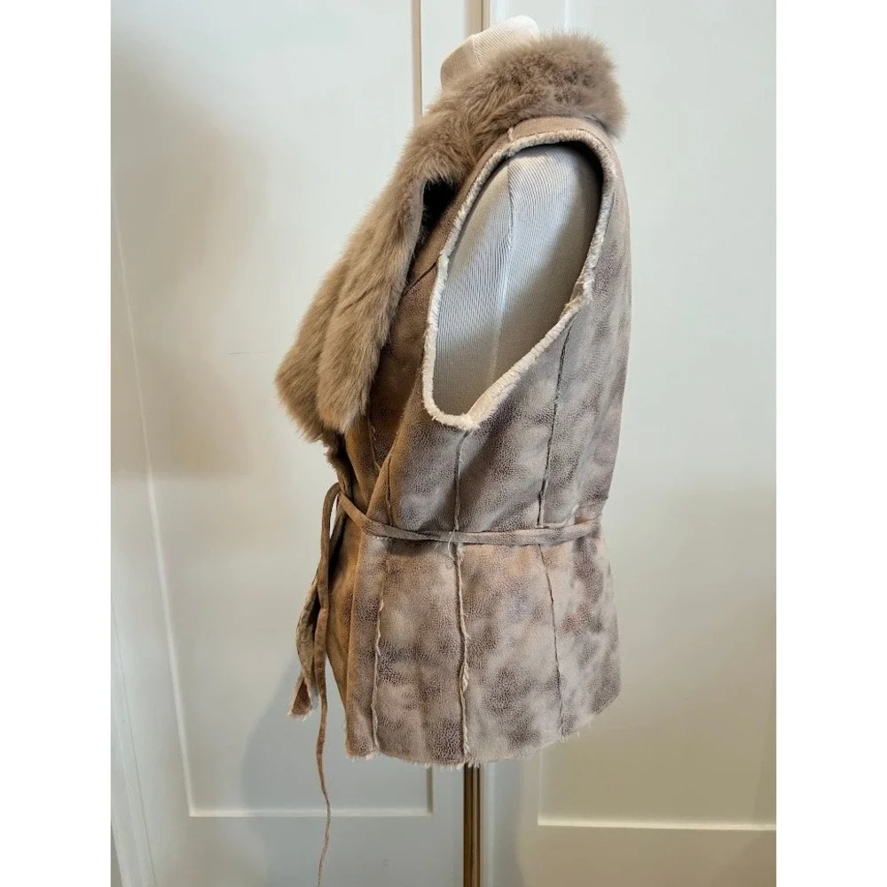 Women's Faux Fur Collar Suede Like Vest‎ Tie Waist Outerwear Layer Dennis Basso